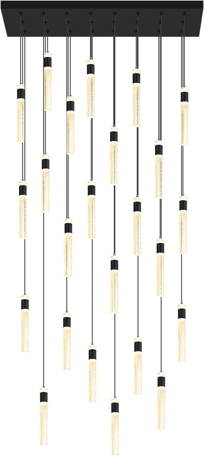 Glam Rectangular Crystal Column Chandelier for High Ceiling 24-Lights Black LED Dimmable Long Crystal Chandelier for Foyer Living Room Adjustable Height