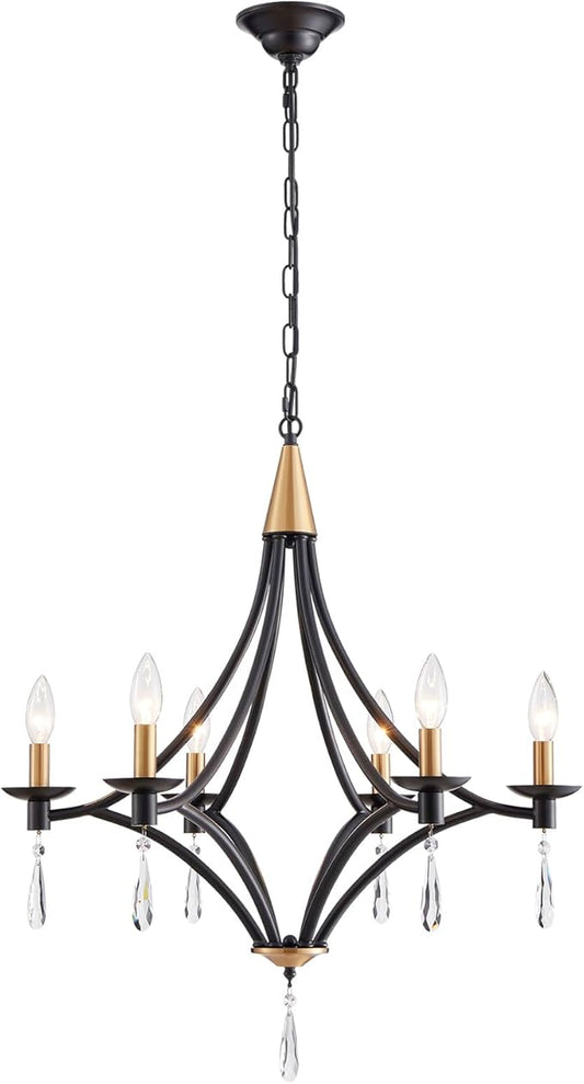 Modern Crystal Chandelier, 6-Lights Black and Gold Farmhouse Chandeliers for Dining Room Light Fixtures Hanging, Modern Black Pendant Light for Bedroom Foyer Living Room Kitchen Island Entryway Office