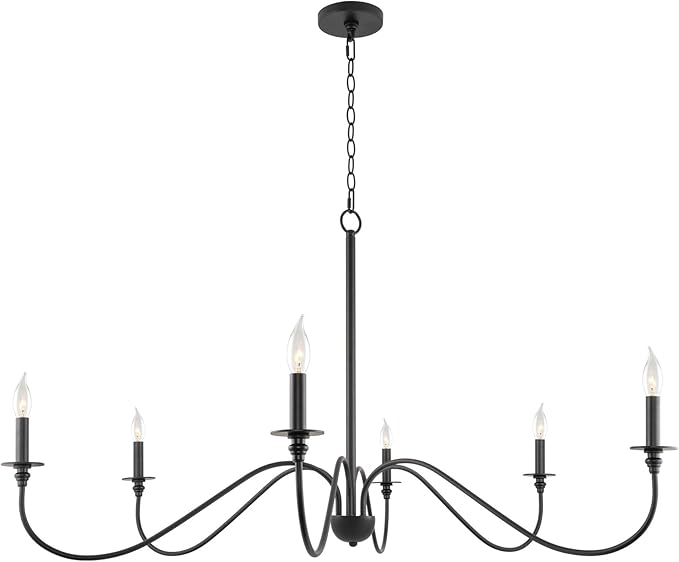 Kira Home Archer 47" 6-Light Large Farmhouse Black Chandelier, Modern Black Ceiling Fixture with Elegant Curved Swoop Arms, Black Finish