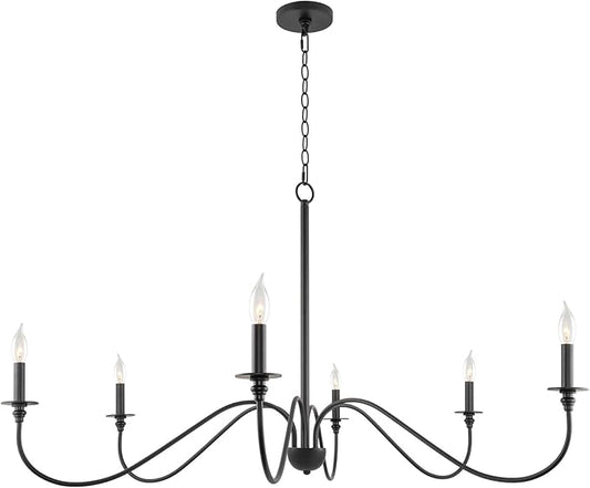 Kira Home Archer 47" 6-Light Large Farmhouse Black Chandelier, Modern Black Ceiling Fixture with Elegant Curved Swoop Arms, Black Finish