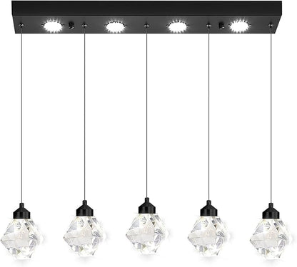 5-Lights Rectangular Pendant Light LED Dimmable Linear Crystal Chandelier Modern Rectangular Chandeliers for Dining Room Bedroom Black Hanging Light