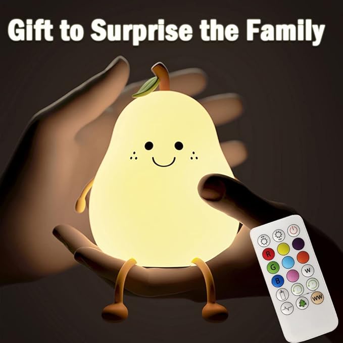 Cute Pear Night Light for Kids, Silicone Fruit Pear Lamp with Remote, Squishy Kawaii Bedside Cute Lamp, Adjustable Brightness NightLight for Bedroom, Rechargeable Soft NightLight for Room Decoration