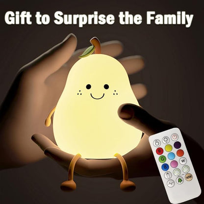 Cute Pear Night Light for Kids, Silicone Fruit Pear Lamp with Remote, Squishy Kawaii Bedside Cute Lamp, Adjustable Brightness NightLight for Bedroom, Rechargeable Soft NightLight for Room Decoration