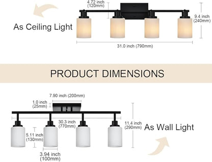 TODOLUZ Adjustable Ceiling Spotlight in Black, 4-Lights Kitchen Island Light Fixtures Ceiling Wall Mount, Track Lighting Kit with Opal White Glass Hallway Dining Room