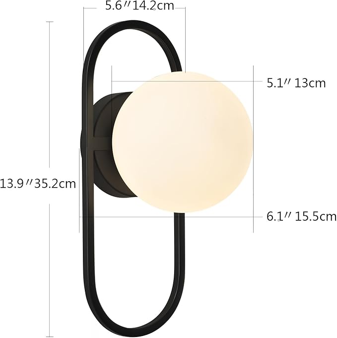 SeeU Vintage Black Wall Sconces Set of Two Globe Wall Lamp with Milky Glass Shades Modern Wall Light Fixtures for Living Room, Bedroom, Stairs, Hallway