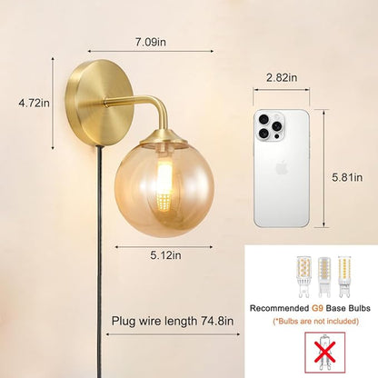 Modern Gold Plug in Wall Light, Wall Light Fixture with Amber Glass Shade, Elegant Brass Sconces Wall Decor Set of 2, Wall Sconce Light with Plug in Cord for Bedroom Hallway Reading