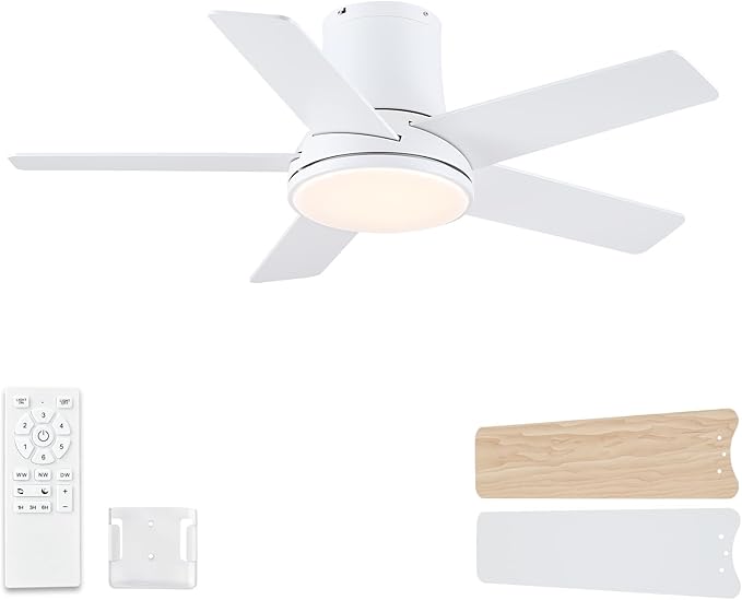 42 Inch Ceiling Fans with Lights and Remote, Flush Mount White Ceiling Fan for Bedroom Living Room Indoor/Outdoor, Quiet 6 Speed Reversible DC Motor, 3CCT, Dual Color 5 Blades, ETL Listed