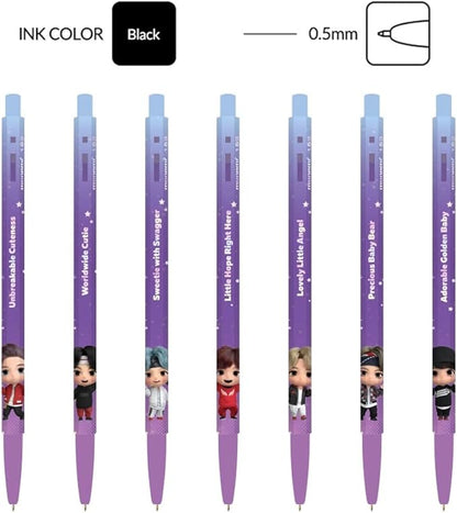 TinyTAN BTS Merchandise Official Licensed Kpop Merch Character Ballpoint Pen Black, 0.5mm, (1 Pack of 7 Pens) (MIC Drop Ver.)