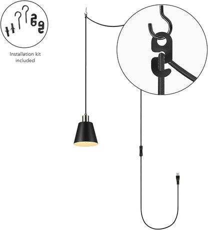 GLOBE Electric 67000153 1-Light Plug-in or Hardwire Pendant Light Fixture, Matte Black, Brass Accents, Living Room Pendant Light, Dining Room Fixture, Hanging Lamp, Hanging Lights for Bedroom