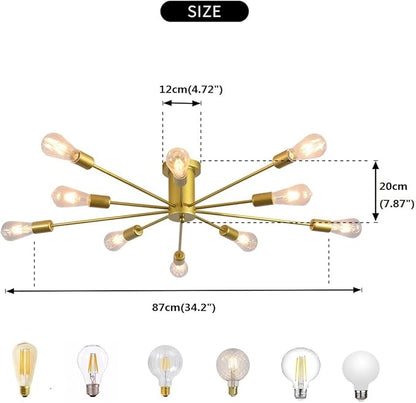 Garwarm 10 Lights Modern Sputnik Chandelier Gold Industrial Ceiling Lamp Mid Century Semi Flush Mount Ceiling Light Fixture for Kitchen Dining Room Living Room Bedroom Foyer Lighting
