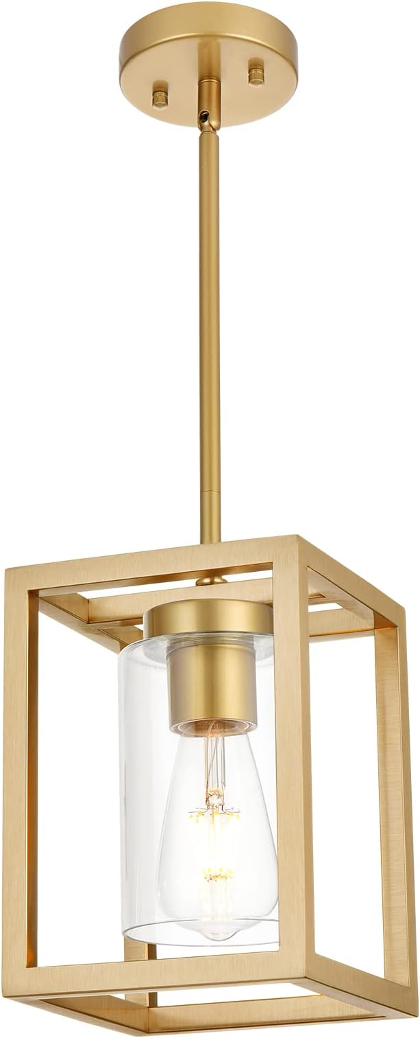 1-Light Rustic Chandelier in Gold Finish Modern Industrial Pendant Lighting Fixture with Clear Glass Shade Hanging Ceiling Light for Dining Room