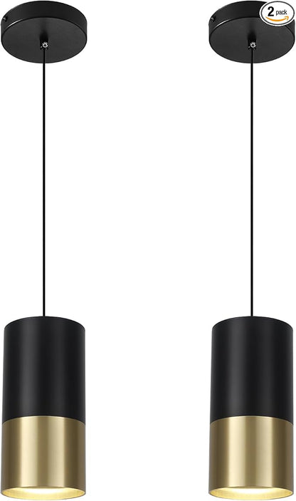 Black and Gold Pendant Light 2 Pack - Modern Pendant Lights Kitchen Island with GU10 Bulbs, Minimalist Hanging Light for Dining Room Bedroom Bar, 5W 4000K