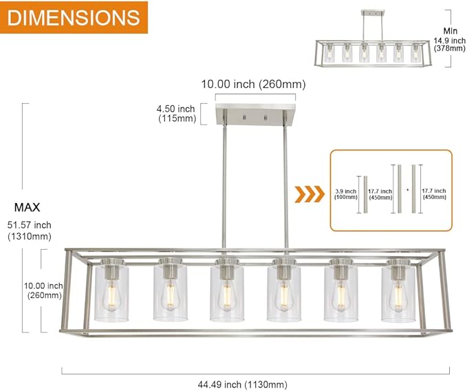 Modern Chandeliers 6 Light Brushed Nickel Dining Room Lighting Fixtures Hanging Rectangular Kitchen Island Pendant Lights Industrial Flush Mount Ceiling Light with Glass Shade