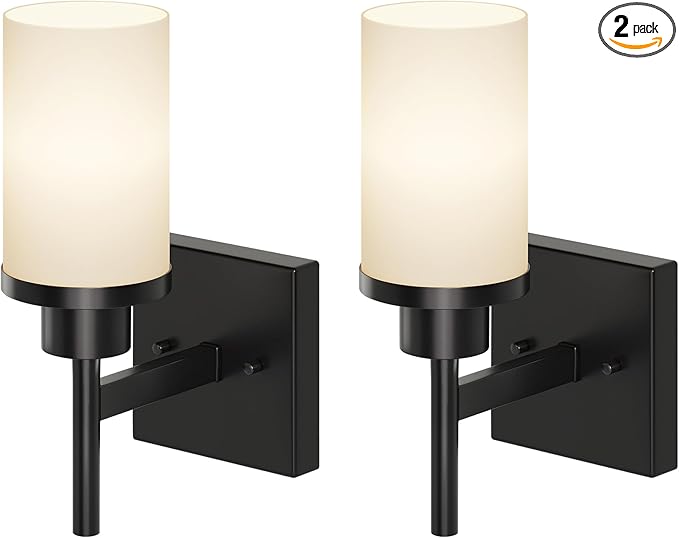 Wall Light Fixtures Matte Black Bathroom Vanity Lights Over Mirror with White Frosted Glass Shade, Wall Lamps for Porch Entrance, 2 Pack T001MB-L1-P2