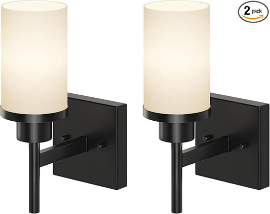 Wall Light Fixtures Matte Black Bathroom Vanity Lights Over Mirror with White Frosted Glass Shade, Wall Lamps for Porch Entrance, 2 Pack T001MB-L1-P2