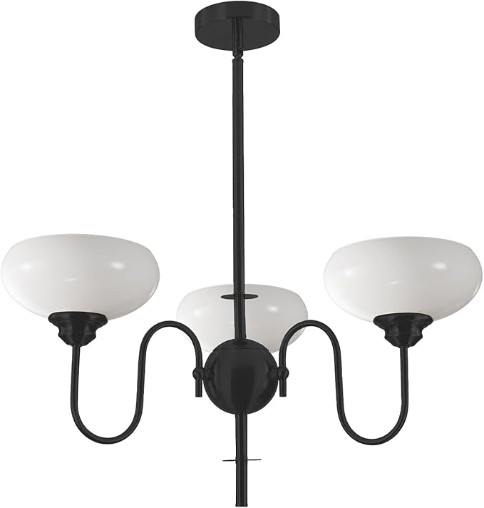 BOKT 3 Light French Chandeliers for Dining Room, Black Farmhouse Chandelier for Bedroom, Small Chandelier with Milk White Bowl Glass Shades