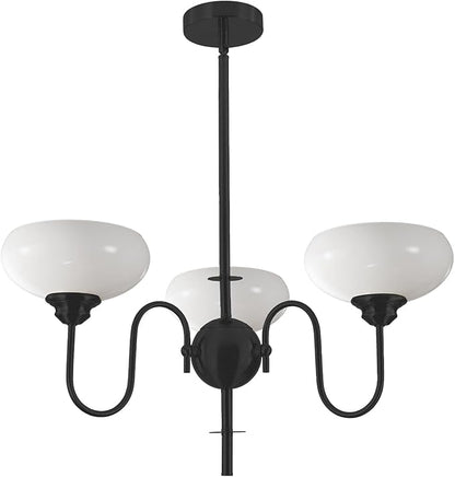 BOKT 3 Light French Chandeliers for Dining Room, Black Farmhouse Chandelier for Bedroom, Small Chandelier with Milk White Bowl Glass Shades