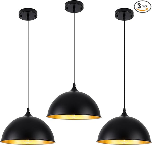 Black Pendant Lights Kitchen Island 3 Pack, 11.8" Farmhouse Pendant Lighting, Black and Glod Kitchen Light, Modern Dome Kitchen Pendant Lighting Over Island Dining Room Entryway Bar