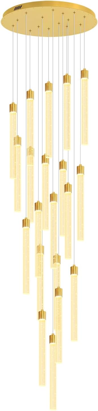 138'' Long Crystal Column Chandelier Extra Large High Ceiling Chandelier Staircase Gold 20-Lights Dimmable Led Pendant Lighting Foyer Entryway Light Source is Replaceable