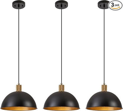 12 Inch Black Dome Pendant Lights 3 Pack for Kitchen Island, Height Adjustable Farmhouse Industrial Hanging Light Fixtures Over Table for Dining Room, Entryway