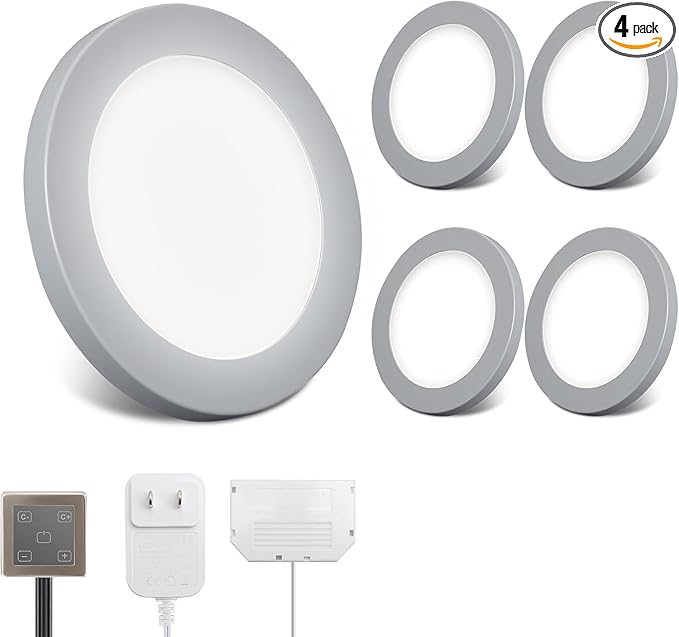 V4light LED Puck Lights 4 Pack, 6mm Ultra-Thin Plug in Under Cabinet Lighting with Touch Dimmer, Adjustable Color Temp(2700K-6500K), Easy Installation for Kitchen, Pantry, Closet, Bedroom (Grey)