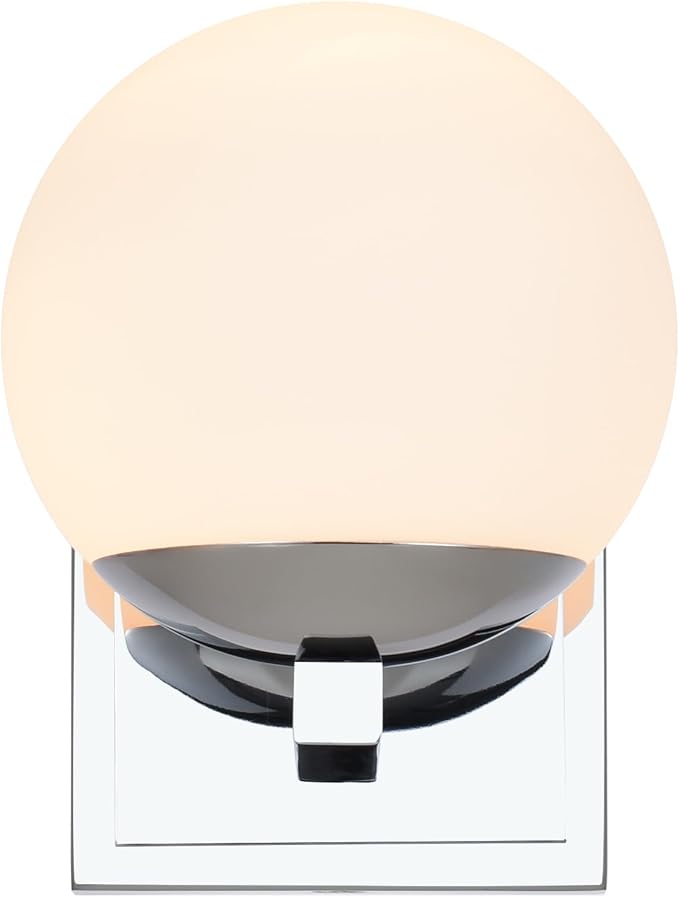 Chrome Wall Sconce Light, Modern Sconces Wall Lighting, 1 Light Globe Bathroom Vanity Lighting with Opal Glass Shade, Wall Light for Bedroom Bathroom Living Room Entryway Hallway