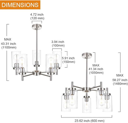 Contemporary 5 Light Large Chandeliers Modern Clear Glass Shades Pendant Lighting Brushed Polished Nickel Dining Room Lighting Fixtures Hanging Adjustable Wire Semi Flush Ceiling Lights