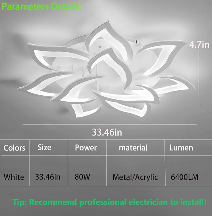 Modern LED Ceiling Light 80W Dimmable 10-Flower Chandelier with Remote Control 33.4in for Bedroom Living Room Dining Room Office Entryway Kitchen