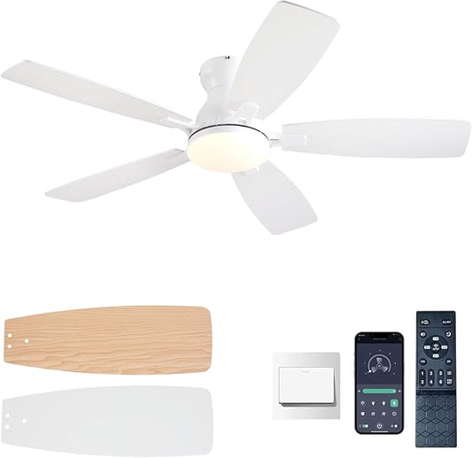 NKPU Ceiling Fans with Lights, Low Profile Ceiling Fan with Light and Remote/APP Control, DC Reversible Motor, Noiseless, Flush Mount, 46inch White Ceiling Fan for Bedroom Indoor/Outdoor Use