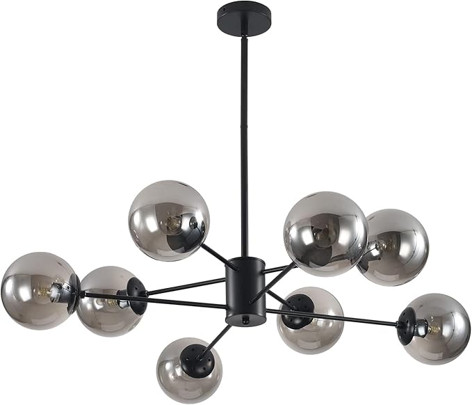 KCO Lighting 8 Lights Modern Sputnik Ceiling Light Fixture Black Globe Chandelier Smoke Gray Glass Chandelier Mid Century Hanging Light Fixture