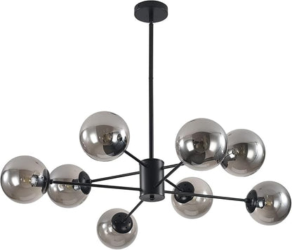 KCO Lighting 8 Lights Modern Sputnik Ceiling Light Fixture Black Globe Chandelier Smoke Gray Glass Chandelier Mid Century Hanging Light Fixture