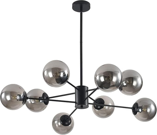 KCO Lighting 8 Lights Modern Sputnik Ceiling Light Fixture Black Globe Chandelier Smoke Gray Glass Chandelier Mid Century Hanging Light Fixture