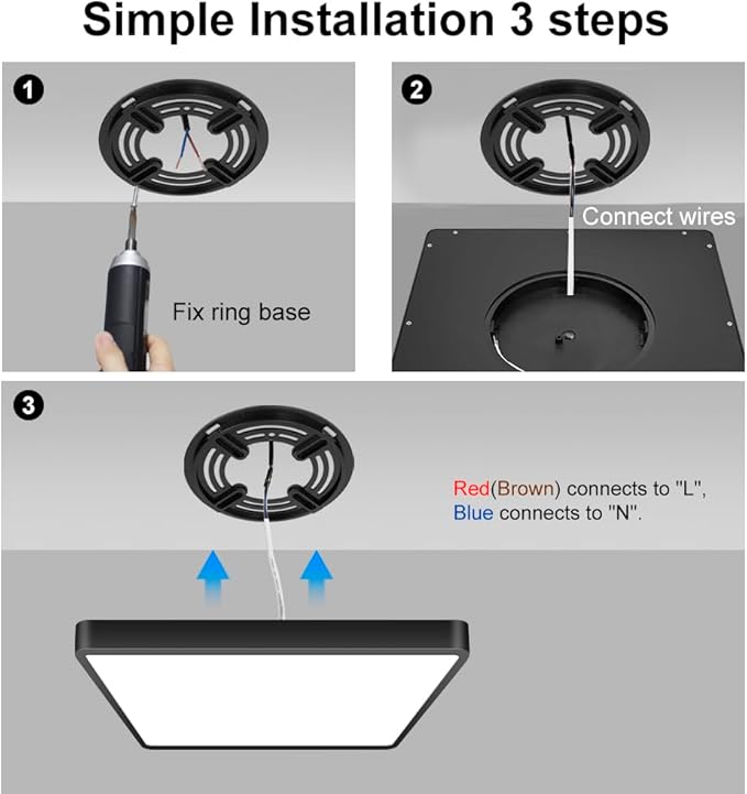 12inch 24W LED Flush Mount Ceiling Light, 3000K Square LED Ceiling Light, Black Flat Panel Lighting for Bedroom, Kitchen, Living Room