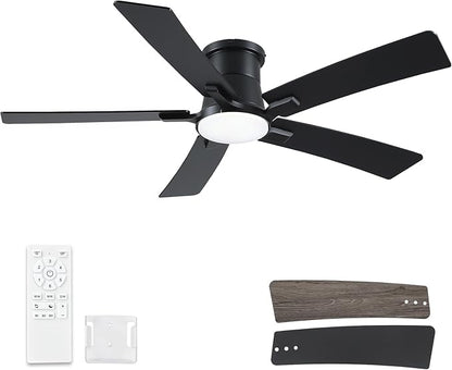 52 Inch Ceiling Fans with Lights and Remote, Black Low Profile Ceiling Fan, Flush Mount Style with 5 Blades, For Indoor Bedroom Living Room/Outdoor, 6 Speed Reversible DC Motor, 3CCT Dimmable LED