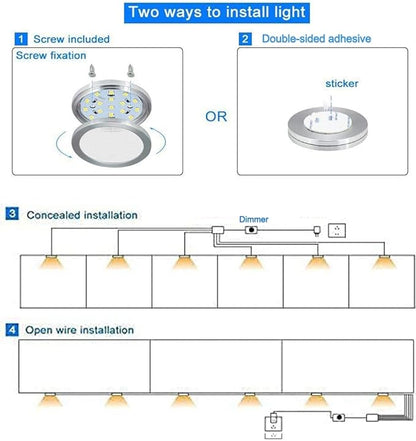 Cefrank Led Dimmable Puck Lights,Set of 6 Warm White Under Cabinet Lighting Kit w/Rotary Dimmer Switch, Total of 12W, LED Counter Light Above/in/Under Kitchen Closet Bookcase, Shelf