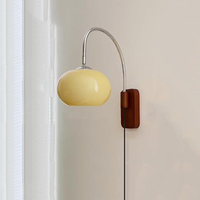 Modern Decoration Wall Sconce Mid Century with White Milk Glass Vintage Industrial Wood Wall Light Hardwired Smoke Grey Amber Farmhouse Reading Wall Lamp for Bedroom Living Room Bedside