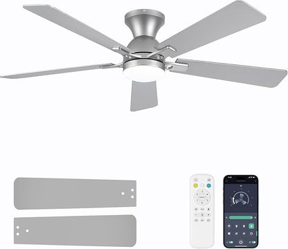 Ceiling Fans with Lights, 52 Inch Low Profile Ceiling Fan with Light and Remote Control, Flush Mount, Reversible, 3CCT, Dimmable LED, Quiet, Nickel Ceiling Fan for Bedroom, Living Room