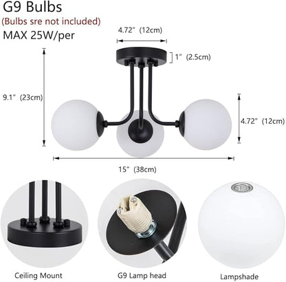 Modern Semi Flush Mount Ceiling Light,Black White Glass Shade Semi Ceiling Light 3-Light,Sputnik Chandeliers for Bedroom Hallway Dining Room Lighting Fixture, HL-23072702