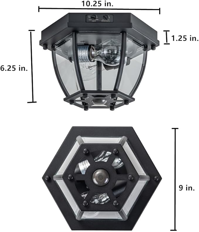 Motion Sensor Flush Mount Ceiling Light Fixture, 2-Light Outdoor Porch Lights Ceiling Mount, Waterproof Matte Black Manual Dusk to Dawn Flush Mount Light Ceiling Lamp, E26 Socket