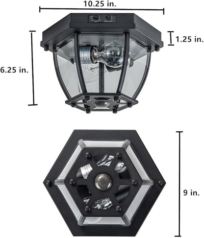 Motion Sensor Flush Mount Ceiling Light Fixture, 2-Light Outdoor Porch Lights Ceiling Mount, Waterproof Matte Black Manual Dusk to Dawn Flush Mount Light Ceiling Lamp, E26 Socket