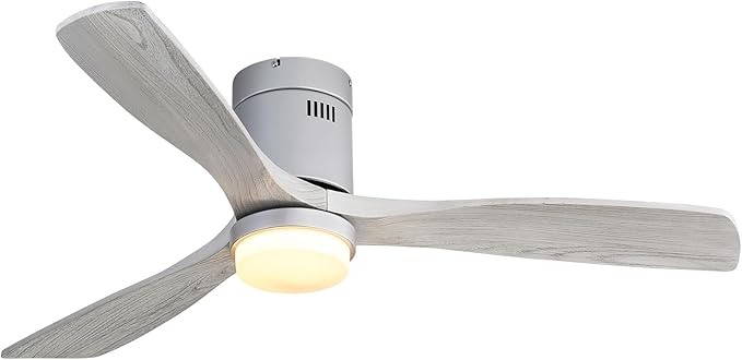 CACI Mall 52 Inch Wood Flush Mount Ceiling Fan with Lights, 3 Blades, Low Profile, Modern, 3CCT, Dimmable, Noiseless, Remote Contral, Outdoor Indoor Ceiling Fans for Bedroom/Farmhouse/Patio