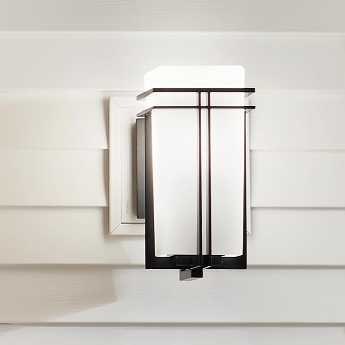 Kichler Tremillo 14.25" Outdoor Wall Lightin Black, 1-Light Exterior Wall Sconce Porch Light with Satin Etched Cased Opal Glass, (14.25" H x 7" W), 49201BK