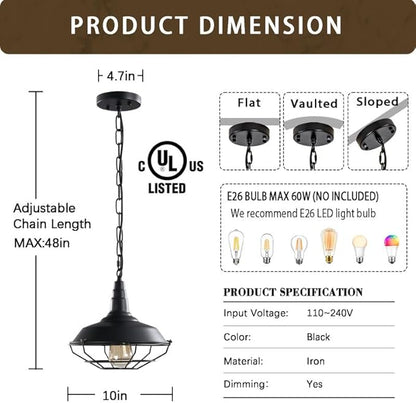Black Farmhouse Pendant Light - 2 Pack Industrial Vintage Hanging Light Fixtures Metal Wire Cage Pendant Lighting with Adjustable Chain for Kitchen Barn Hallway Porch Dining Room