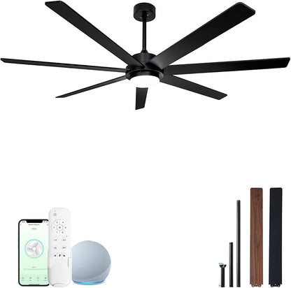 65 Inch Black Smart Ceiling Fan with Light and Remote via WIFI Alexa APP Control,Dimmable,Quiet DC Motor Indoor Outdoor Ceiling Fans for Patios or Bedroom