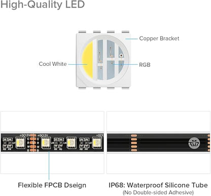 BTF-LIGHTING IP68 Waterproof Outdoor RGBW LED Strip 5050SMD RGB+Cool White(6000K-7000K) 4 Colors in 1 DC12V 5m 16.4ft 60LED/m Multi-Colored Tape Lights Can Work Outdoor(No Adapter or Controller)