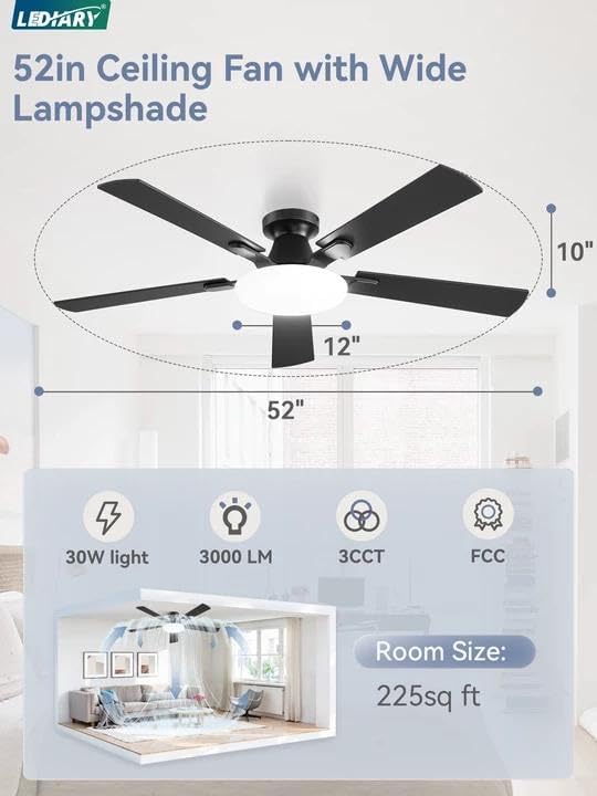52 Inch Ceiling Fan with Lights and Remote, 30W 12" LED Panel Flush Mount Ceiling Fan, 6-Speed Quiet DC Motor Modern Low Profile Ceiling Fan with Reversible Blades for Bedroom, Living Room, Patio