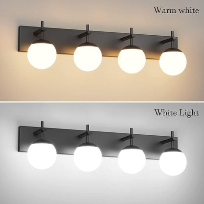 Ralbay Mid Century Modern Vanity Lights 4-Light Mid Century Modern Bathroom Light Fixtures Over Mirror, Milky Glass Globe Matte Black Bathroom Wall Light Fixture (Exclude Bulb)