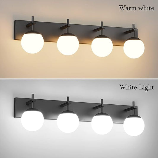 Ralbay Mid Century Modern Vanity Lights 4-Light Mid Century Modern Bathroom Light Fixtures Over Mirror, Milky Glass Globe Matte Black Bathroom Wall Light Fixture (Exclude Bulb)