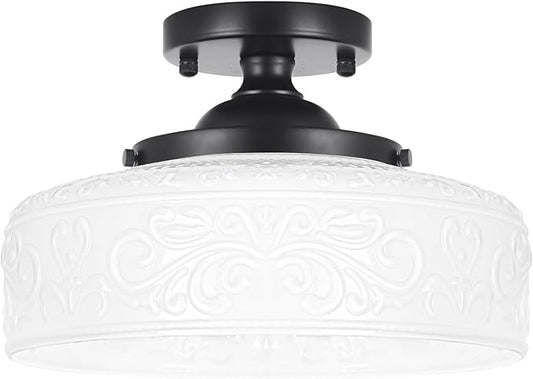 Daunton Black Semi Flush Mount Ceiling Light with Hand-Carved Design - 12 Inch Vintage White Glass Shade with Etched Patterns, Easy Install 3-Light Fixture for Hallway, Kitchen, Bedroom