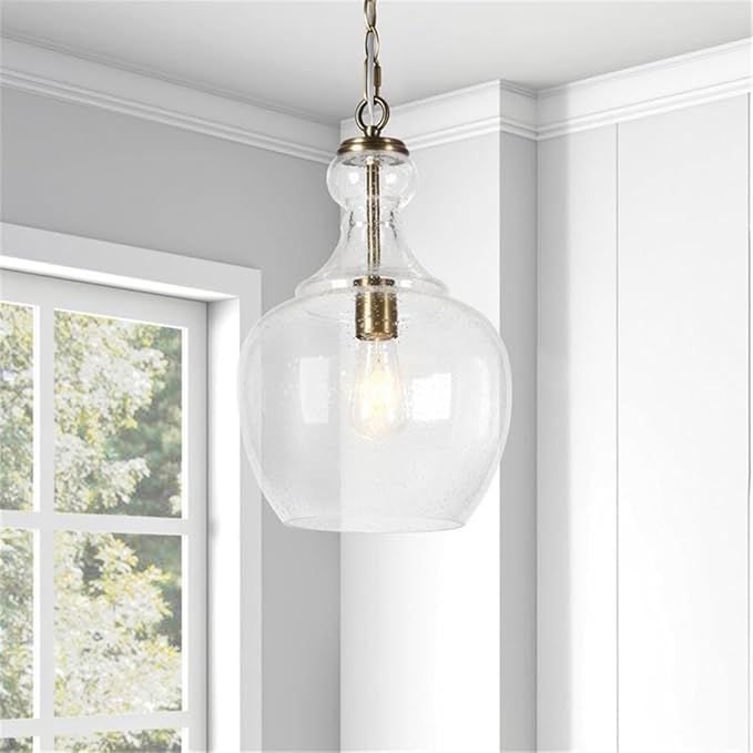 Henn&Hart 11" Mid-Century Modern Pendant Light Fixture with Seeded Glass Dome Shade and 6' Adjustable Cord for Kitchen Island, Dining Room or Game Room, Brass